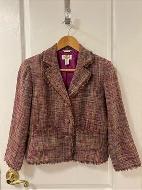 Vintage Silk Tweed Fringe Trim Multicolor Talbots Blazer Shoulder Pads Office 4